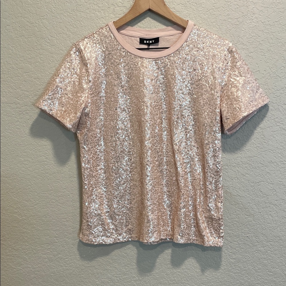 DKNY Light Pink Sequin Short Sleeve Top Large